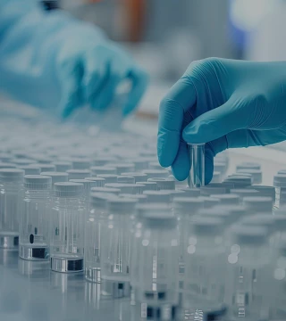 "Blue gloved hands working with test tubes"