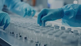 "Blue gloved hands working with test tubes"