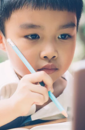 A young boy holding a pencil while looking at a screen