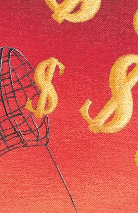 Golden dollar signs being caught in a large net