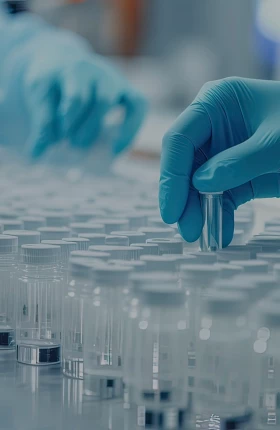 "Blue gloved hands working with test tubes"