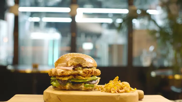 Close-up of a chicken sandwich and French fries on a plate