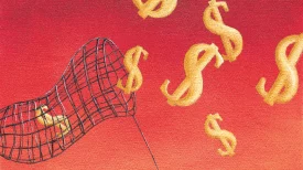 Golden dollar signs being caught in a large net