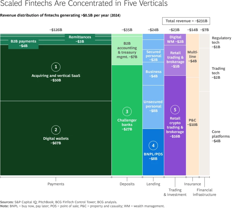 Scaled Fintechs are Concentrated in Five Verticals