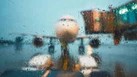 Image of a Landed Airplane about to Deplane on a Rainy Day