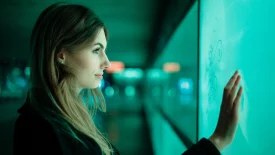 Woman placing hand against blue-green computer screen