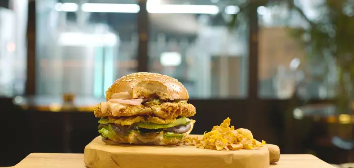 Close-up of a chicken sandwich and French fries on a plate